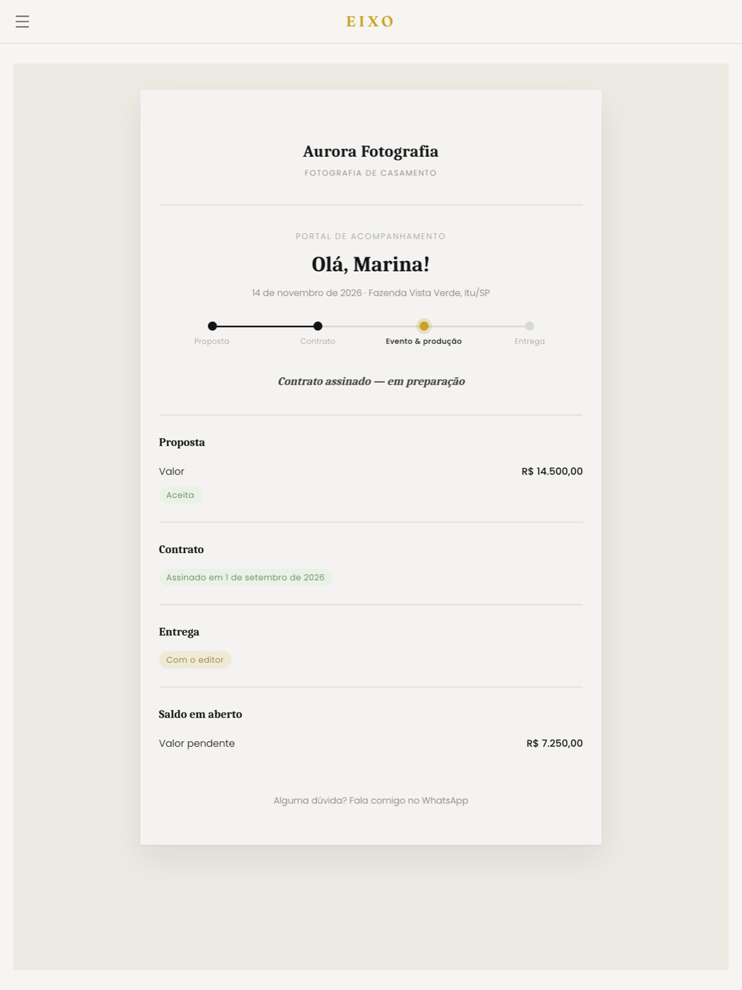 Portal público do cliente no Eixo, mostrando o nome do casal, a data do casamento e uma linha do tempo com quatro etapas: proposta, contrato, evento e produção, entrega.